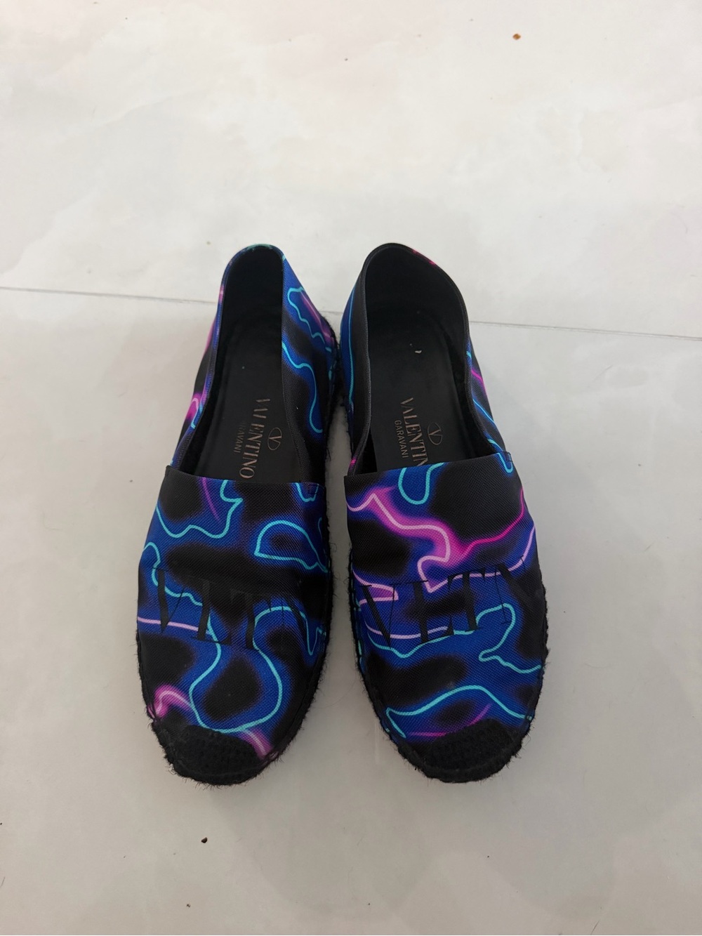 Valentino Garavani Black Espadrilles with Neon Blue & Purple Waves